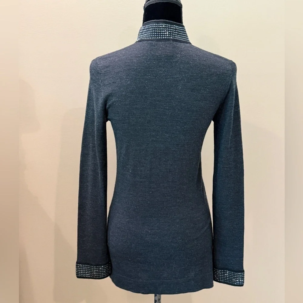 Women’s TORY BURCH 100% Merino Wool Charcoal gray embellished sweater- Size XS